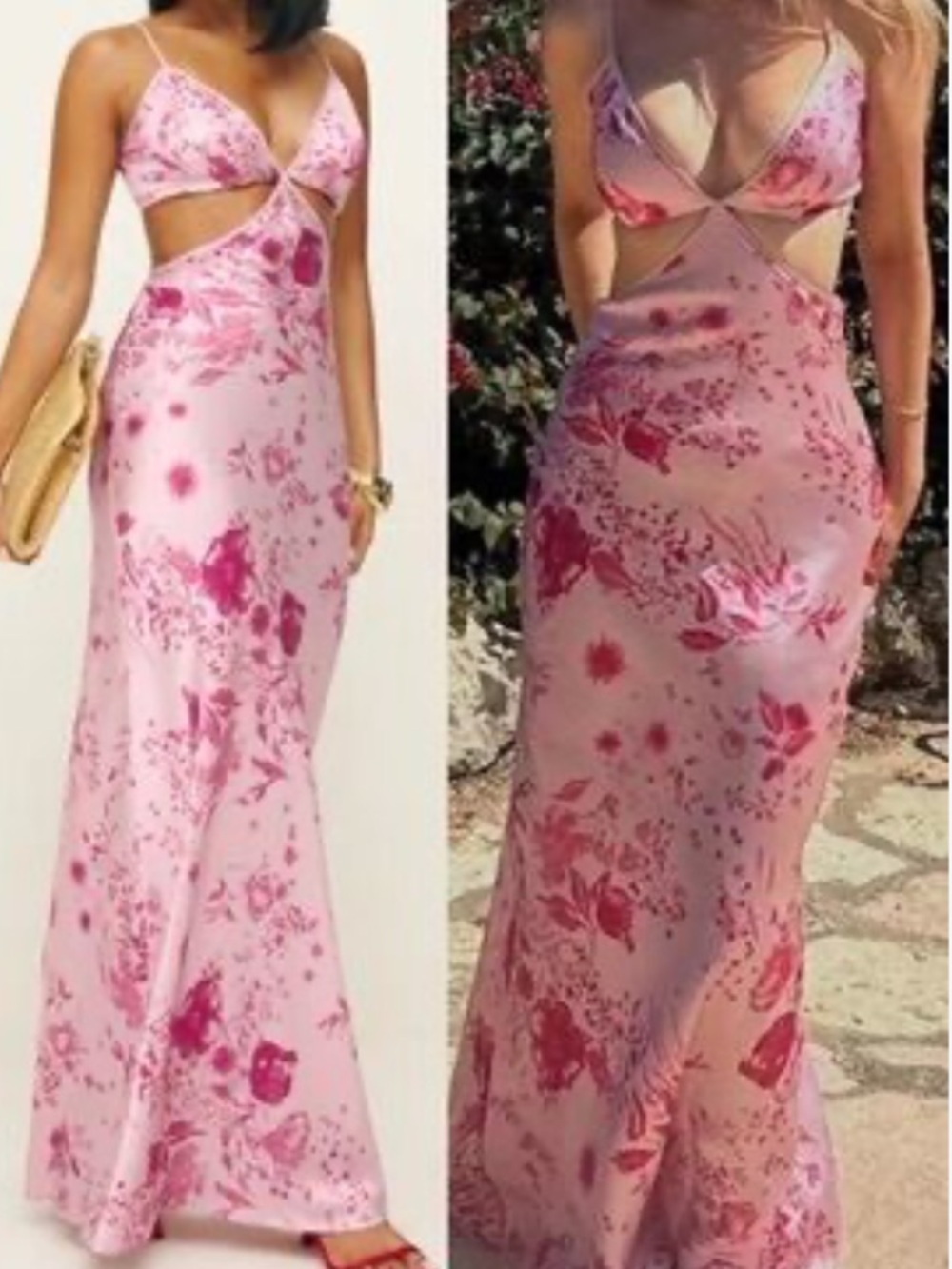 Reformation Dress Poppies Silk Maxi Cutout in Mills Pink Floral